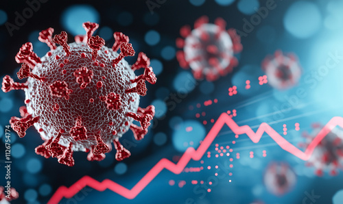 detailed illustration of SARS CoV 2 virus with business graph overlay, symbolizing impact of pandemic on global markets. image conveys sense of urgency and change