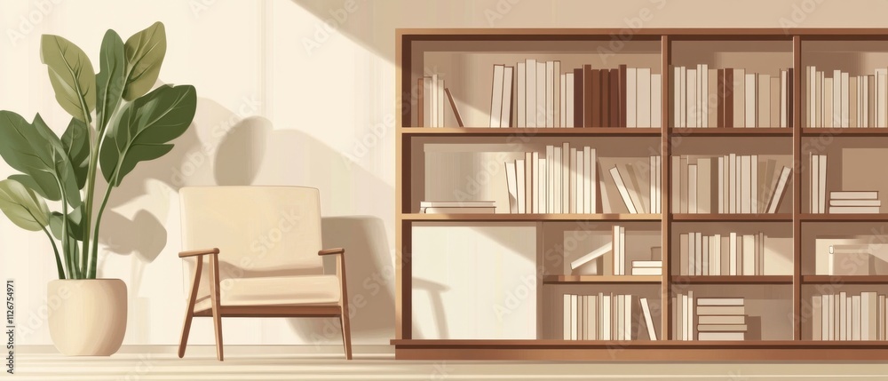 Serene Living Room with Bookshelf, Armchair, and Plant in Sunlight Serene Living Room with Bookshelf, Armchair, and Plant in Sunlight