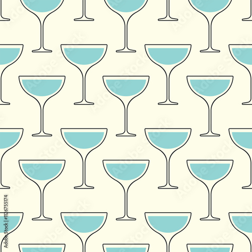 Alcohol cocktails vector seamless pattern. Blue glasses with black outline on white background.