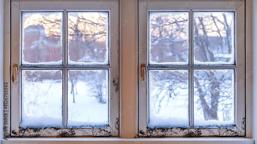 Fototapeta premium Winter Sunrise Through Frosty Window Panes. AI Generated