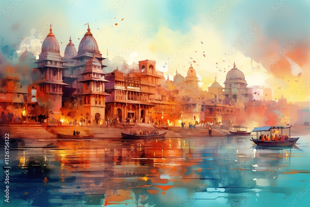 Fototapeta premium KANPUR city water color vector panoramic illustration 