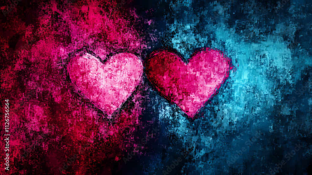 Abstract love background featuring two pixelated hearts in vibrant pink and blue hues, creating romantic and emotional atmosphere Abstract love background featuring two pixelated hearts in vibrant pink and blue hues, creating romantic and emotional atmosphere