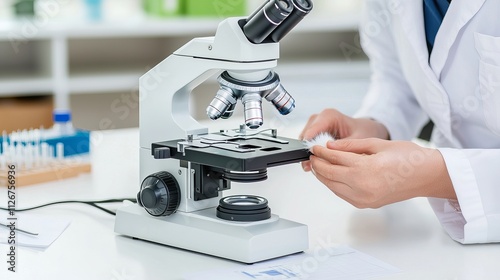 A scientist, focusing on a microscope, prepares a specimen slide in a bright laboratory setting. photo