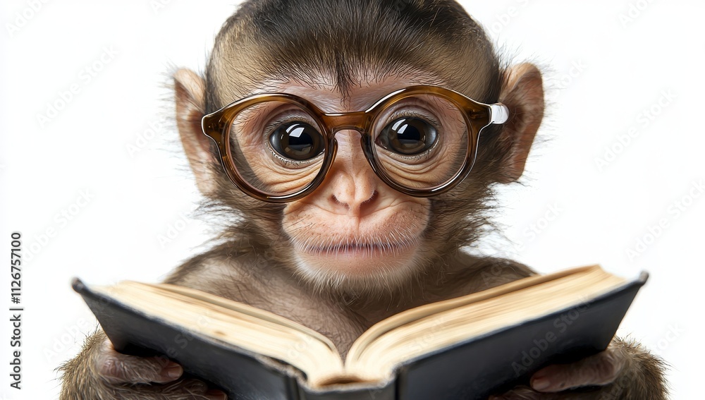 A clever monkey wearing glasses reads books and news for educational purposes in a school setting, with a natural background. Animal and wildlife concept. Stock. A clever monkey wearing glasses reads books and news for educational purposes in a school setting, with a natural background. Animal and wildlife concept. Stock.