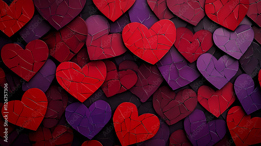 Obraz premium Mosaic hearts in various shades of red and purple create vibrant, textured background, perfect for expressing love and affection