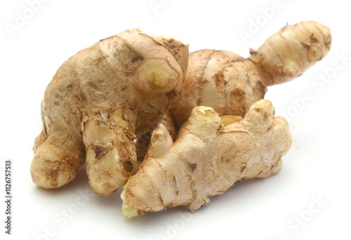 Sliced fresh ginger root isolated on white background,Craiova,Romania - stock photo
