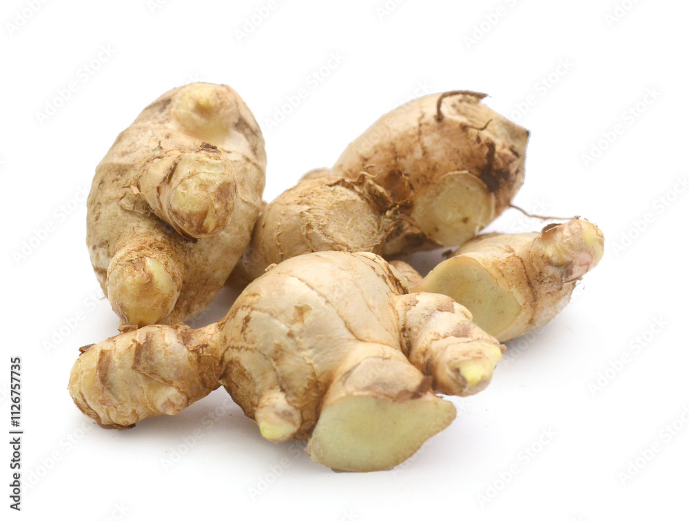 Sliced fresh ginger root isolated on white background,Craiova,Romania - stock photo

