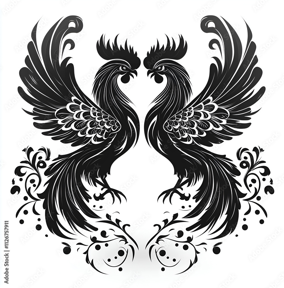 Fototapeta premium Two roosters fighting, vector black illustration on a white background
