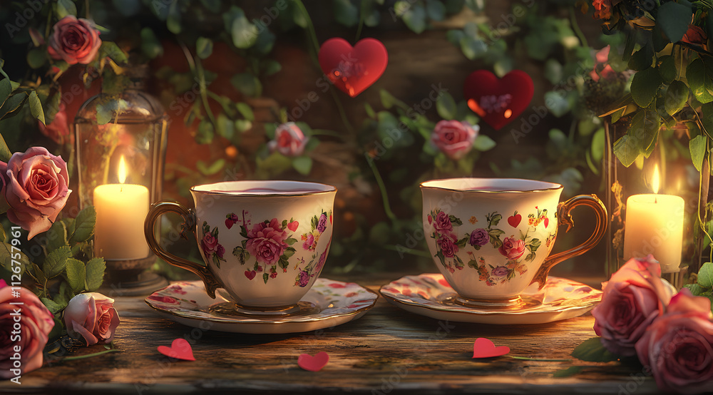 Fototapeta premium A romantic setting featuring two floral teacups surrounded by candles and roses, evoking a warm, intimate atmosphere.