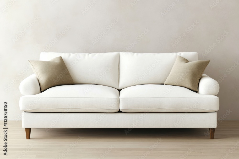 Naklejka premium interior design ideas, elevate your living space with a chic white plush sofa against a beige stucco wall, offering a stylish setting for endless customization