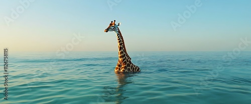 A giraffe stands in the ocean, its head and neck above the water, with a blue sky and calm water in the background. photo