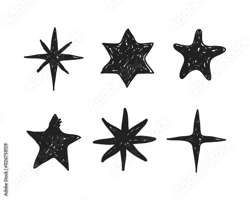 Hand drawn stars set. Doodle elements collection. Star symbols with grunge texture.