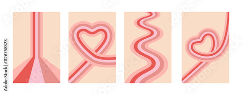 Retro Valentine posters 70s style. Vintage geometric backgrounds with pink lines.