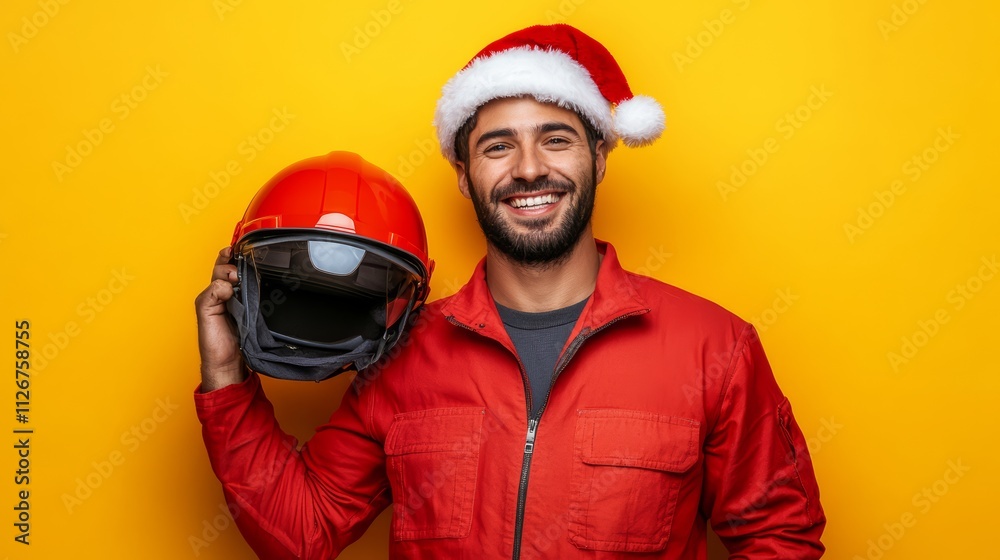 Construction Worker in Santa Hat Celebrating Christmas on Bright Yellow Background Construction Worker in Santa Hat Celebrating Christmas on Bright Yellow Background