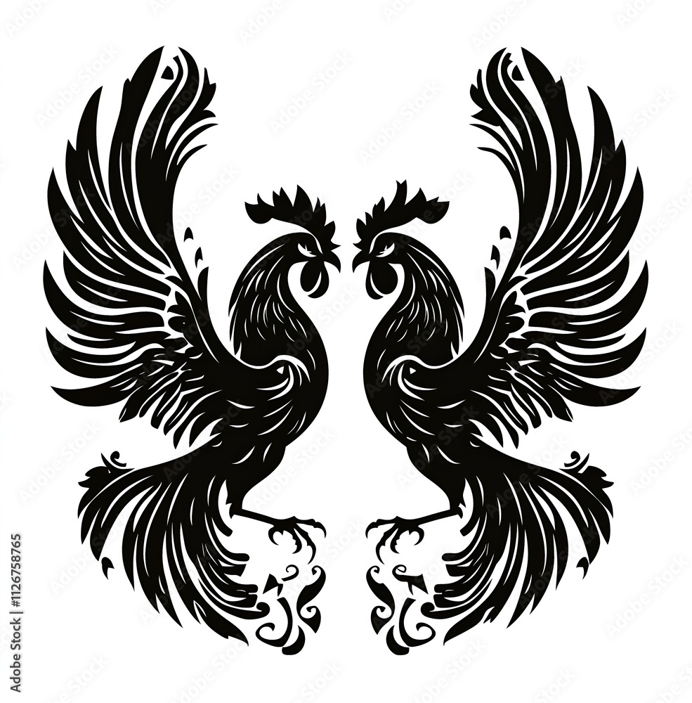 Fototapeta premium Two roosters fighting, vector black illustration on a white background