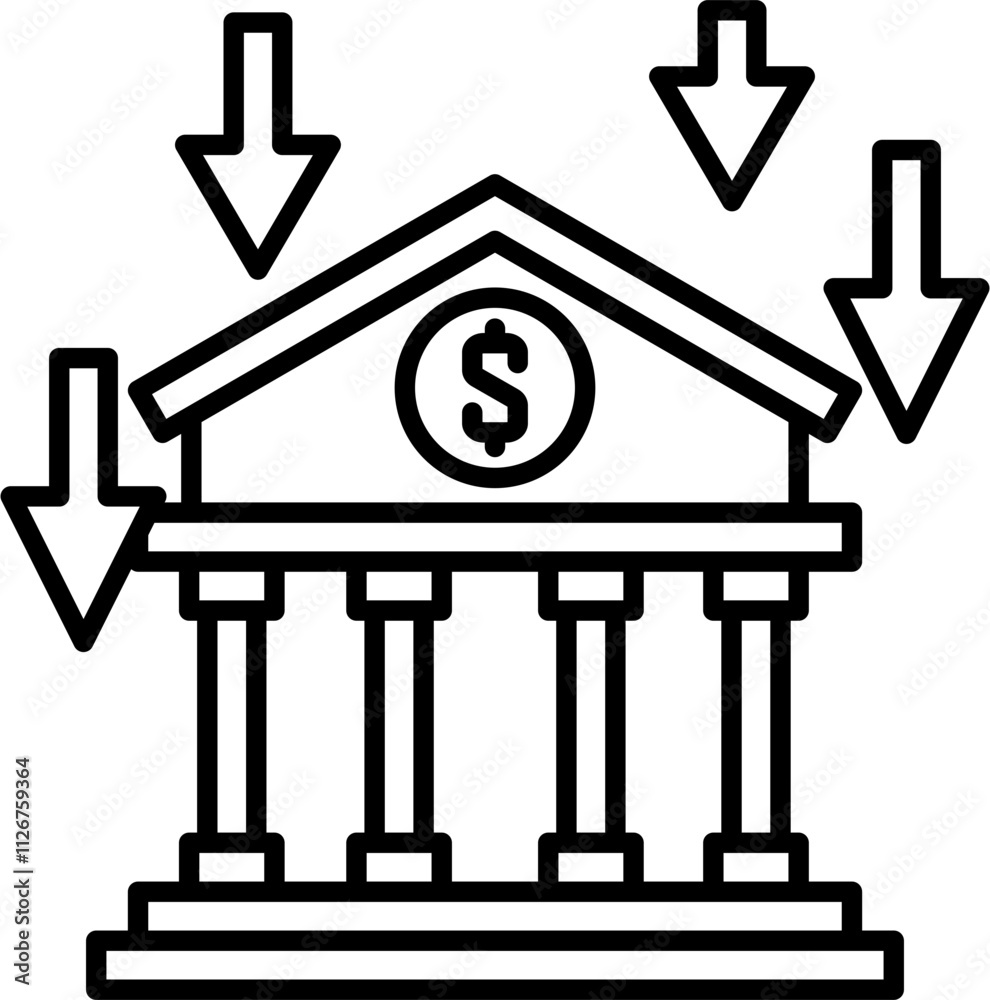 Bank Building with Dollar and Arrows Icon Vector Graphic Bank Building with Dollar and Arrows Icon Vector Graphic