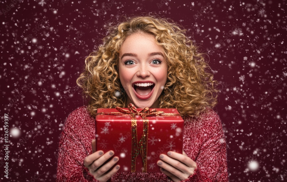 A beautiful woman with curly blonde hair is holding up an open red gift box, excitedly smiling and looking at the camera.