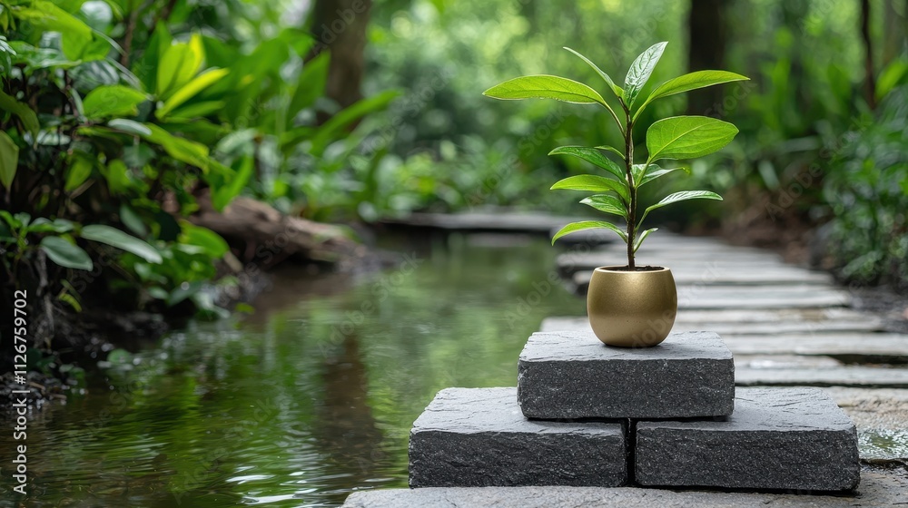 Potted Green Plant on Stone Pathway with Calm Water Reflection in Lush Garden Environment Potted Green Plant on Stone Pathway with Calm Water Reflection in Lush Garden Environment
