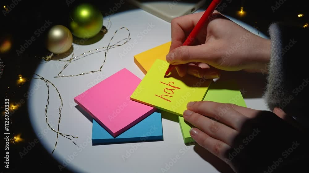 Close up shot of decorated white desk under spotlight, woman writing with red pen on colorful sticky note papers wishes for love, money, happy, car and question mark