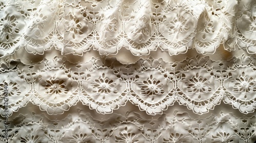 Close-up of delicate white lace fabric with intricate floral patterns and ruffled layers.