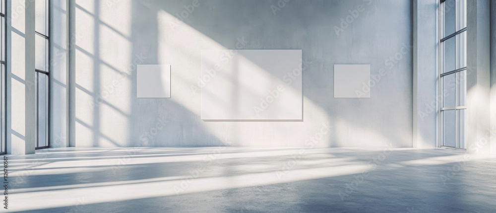 Fototapeta premium Sunlit Modern Gallery Interior with Blank Canvas Mockups for Art Display