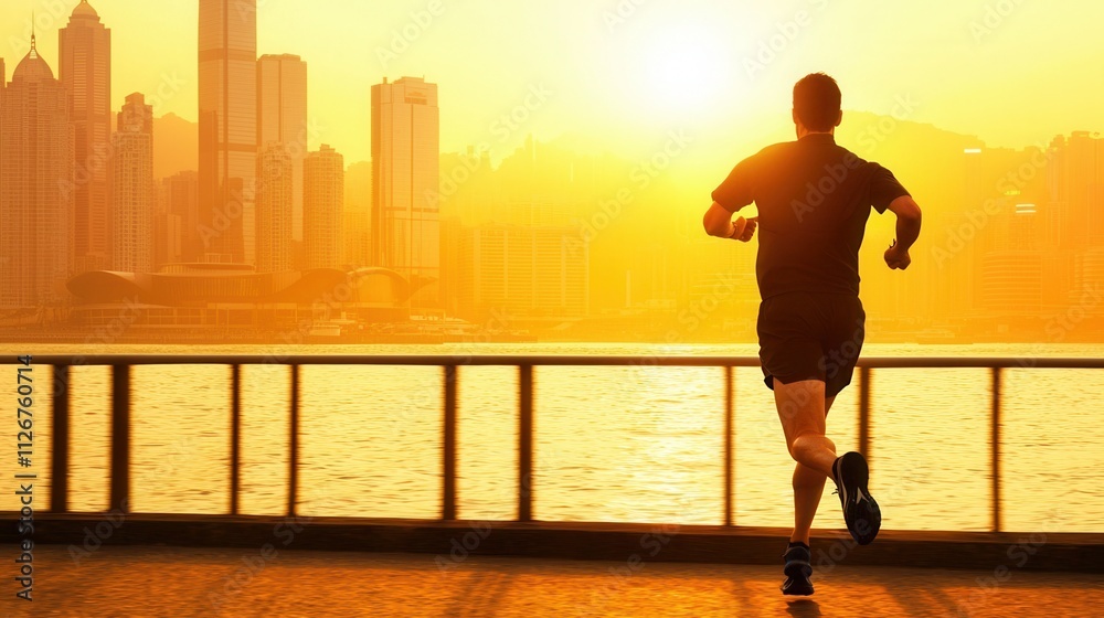 Fototapeta premium Morning runner at sunrise urban cityscape sports photography serene environment dynamic viewpoint fitness inspiration