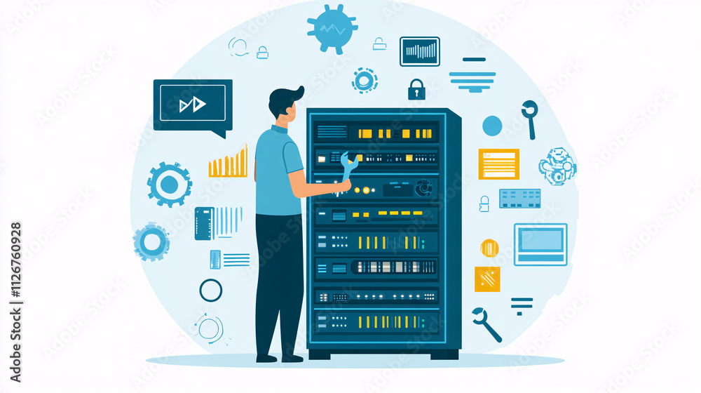 A flat vector of a man troubleshooting a virtual server, with minimal floating wrench and data icons around. A flat vector of a man troubleshooting a virtual server, with minimal floating wrench and data icons around.