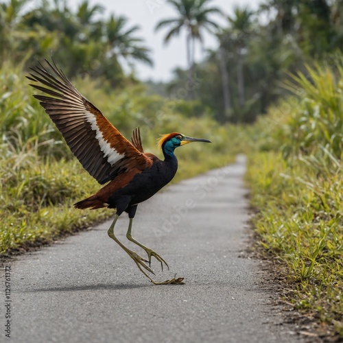 Bronze-winged jacana or Metopidius indicus observed in Gajoldaba in West Bengal. Feature a kingfisher diving into a pond, creating ripples as it goes underwater to catch a fish. photo