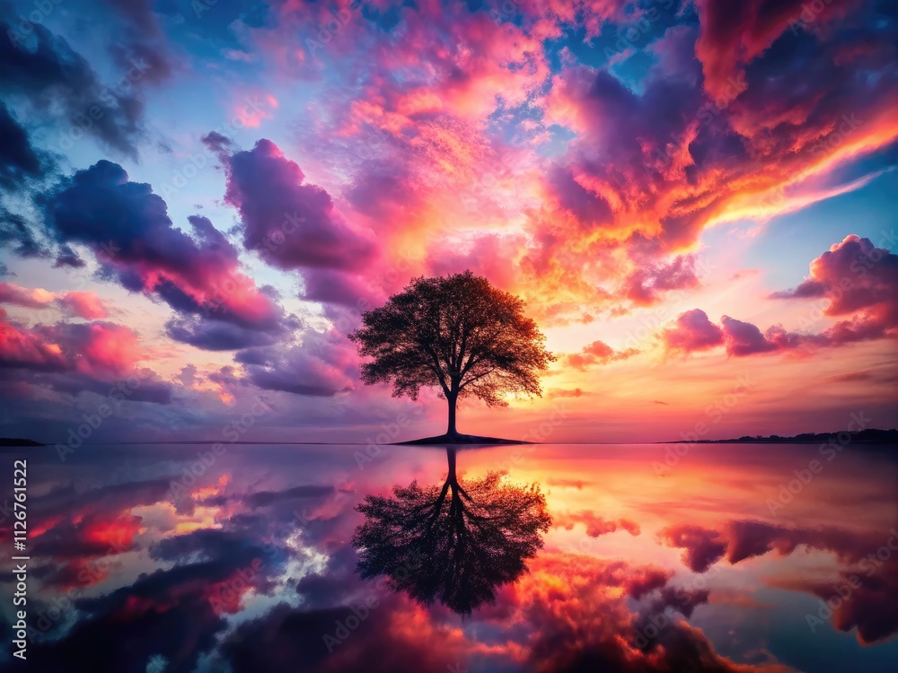 Fototapeta premium Double exposure magic: pink skies, dreamy clouds, fantasy landscape.