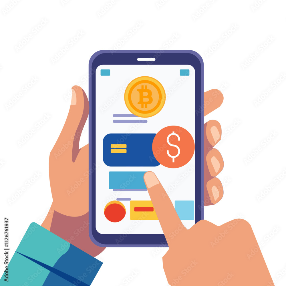 hands holding a cellphone making an online payment transaction illustration hands holding a cellphone making an online payment transaction illustration
