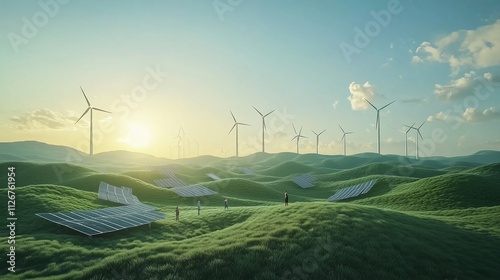 A serene renewable energy farm under a clear blue sky, with rows of wind turbines, solar panels reflecting sunlight, and a family walking through a lush, green landscape. photo