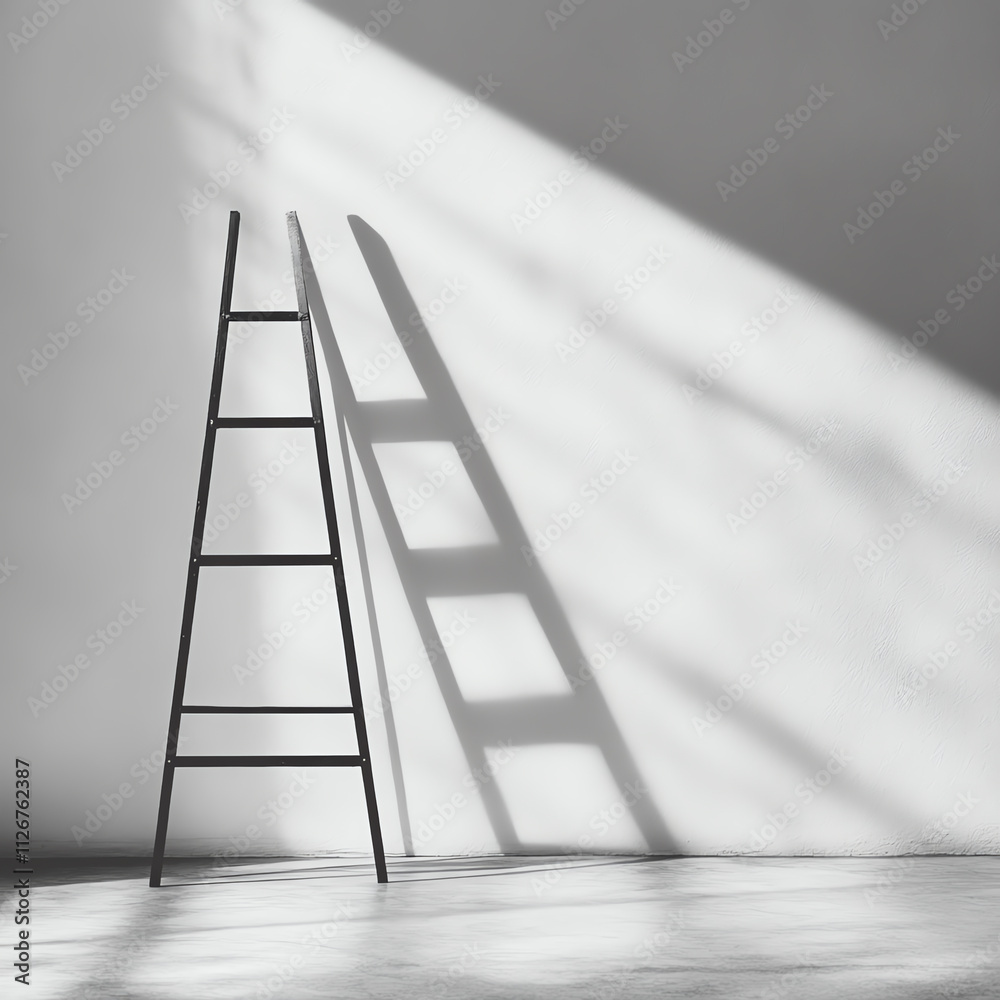 A minimalist ladder casting shadows on a bright wall, enhancing the space's simplicity. A minimalist ladder casting shadows on a bright wall, enhancing the space's simplicity.