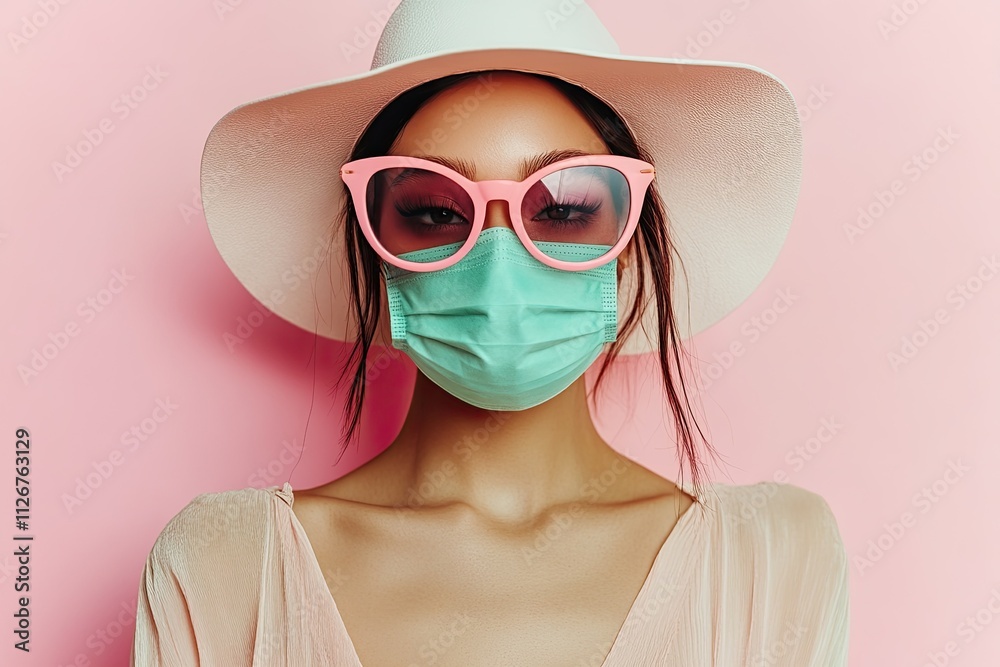 Fashionable woman in a pastel green turtleneck, white hat, and sunglasses wearing a face mask, posing on a pink background