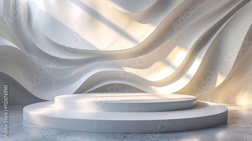 3D white podium, silk fabric, background for product presentation. Generative AI