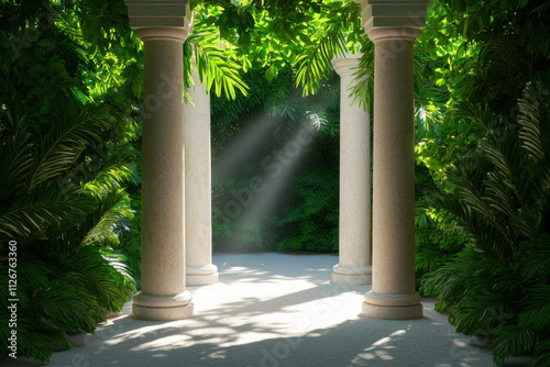 Colonnade, A serene garden pathway framed by lush greenery and illuminated by soft rays of light filtering through tall pillars.