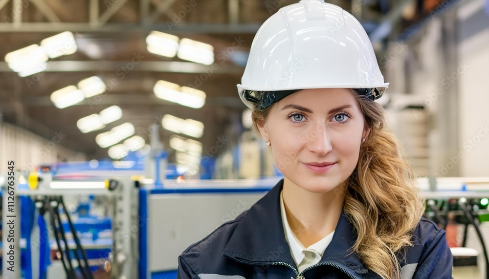 Factory Worker Wearing a Safety Helmet on a Production Line, Ensuring Safety and Efficiency in Manufacturing Operations Factory Worker Wearing a Safety Helmet on a Production Line, Ensuring Safety and Efficiency in Manufacturing Operations