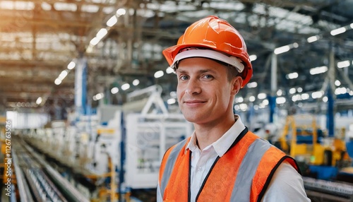 Dedicated Factory Worker in Safety Helmet Overseeing Production Line Operations with Machinery and Equipment in the Background for Enhanced Workplace Safety and Efficiency