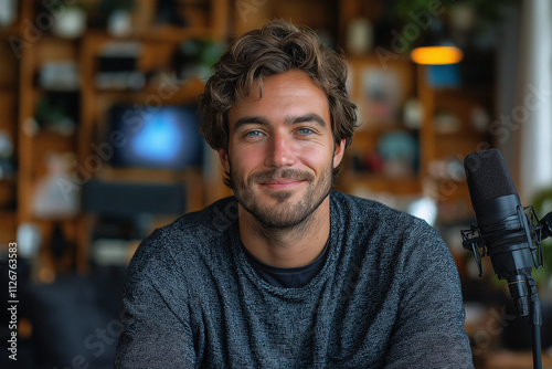 Young dutch professional content creator smiling in modern workspace inspiring environment portrait photo