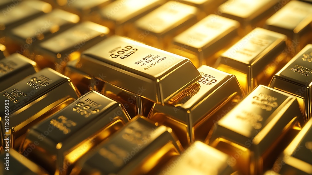 Close-up of stacked gold bars, shining in the light. Close-up of stacked gold bars, shining in the light.
