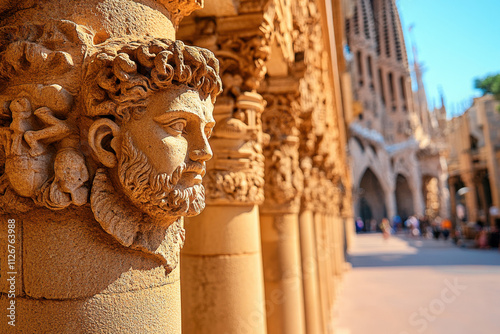 Colonnade, A detailed stone carving of a face on a column, showcasing intricate artistry near an ornate architectural structure under bright blue skies.