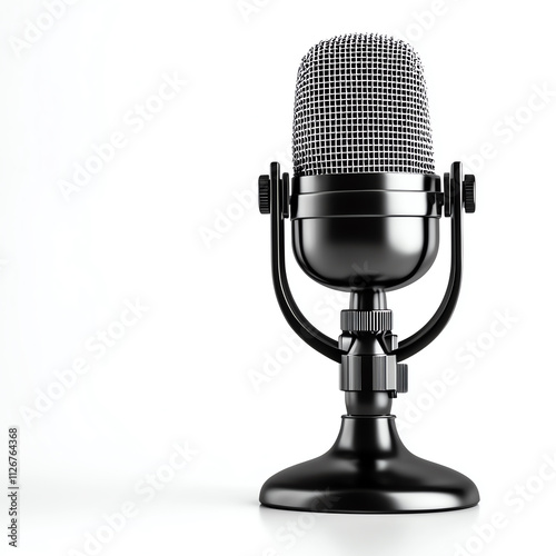 Stylish black microphone on a minimalist background for audio production. photo