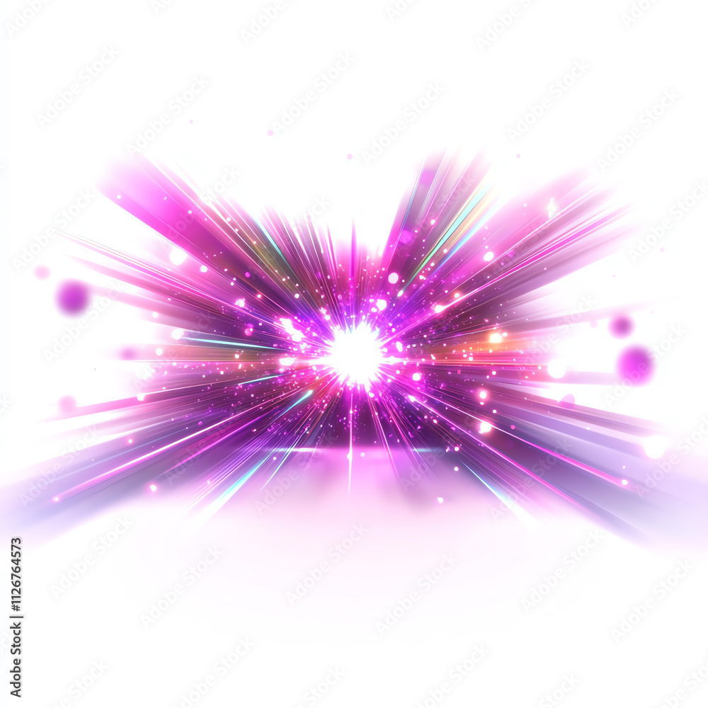 Fototapeta premium Colorful explosion of light and energy radiating from a central point against a white backdrop.