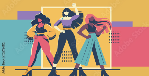 Vector banner, flat style, team of different women symbolize strength, unity and movements for gender equality, women empowerment on bright background. Women's community, sisterhood, activists 