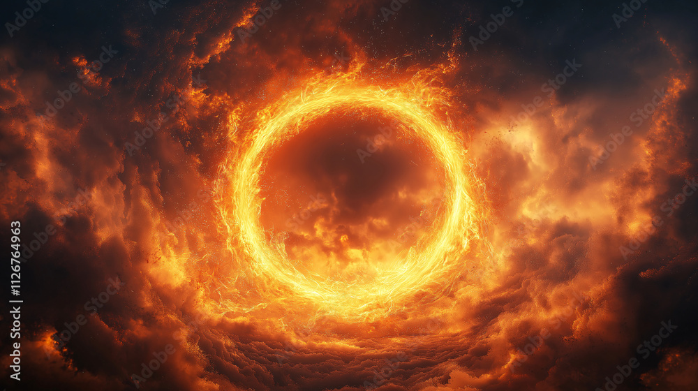 Fototapeta premium Ethereal fire ring phenomenon sky digital art dramatic atmosphere aerial view rebirth concept