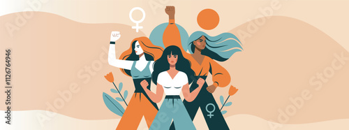 Vector flat design of strong women, women's day, feminism. Different women standing together in solidarity, strength and unity. Gender equality and women empowerment. For social media, posters