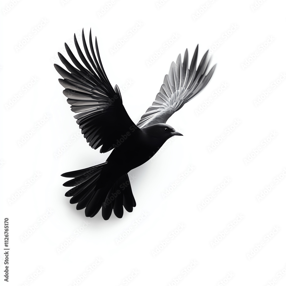 Fototapeta premium A majestic black bird in flight, showcasing detailed wings and graceful movement.