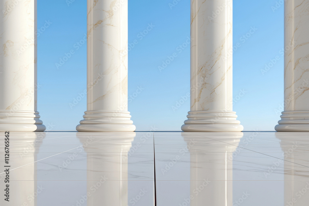 Colonnade, A serene view of marble columns reflecting on a polished floor under a clear blue sky, evoking elegance and architectural beauty. Colonnade, A serene view of marble columns reflecting on a polished floor under a clear blue sky, evoking elegance and architectural beauty.
