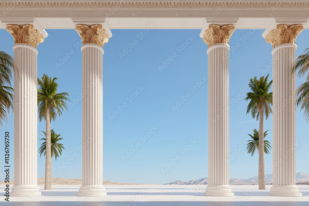 Colonnade, A serene outdoor scene featuring elegant columns framed by palm trees and a clear blue sky, evoking a sense of tranquility and classical beauty. Colonnade, A serene outdoor scene featuring elegant columns framed by palm trees and a clear blue sky, evoking a sense of tranquility and classical beauty.