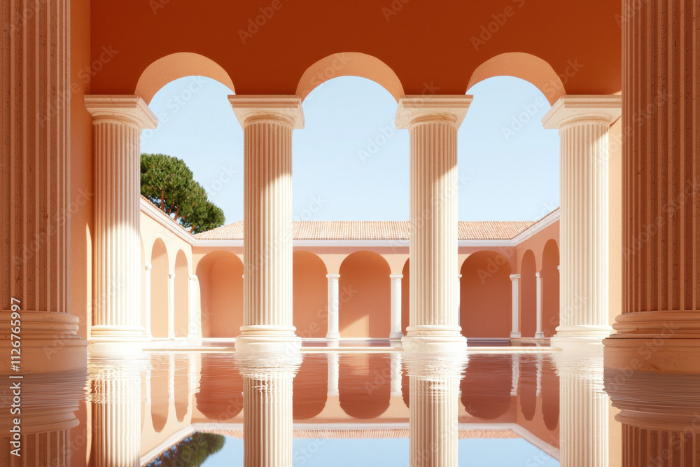 Colonnade, A serene architectural space featuring tall columns, vibrant orange walls, and reflections on a smooth surface under a clear sky. Colonnade, A serene architectural space featuring tall columns, vibrant orange walls, and reflections on a smooth surface under a clear sky.