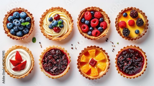 Tart Treasures: Vibrant tarts with sweet and savory fillings on a white transparent background